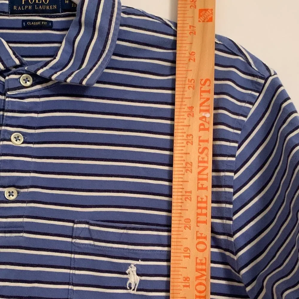 Polo by Ralph Lauren Men's Navy and White Striped Polo Shirt White Logo Size M